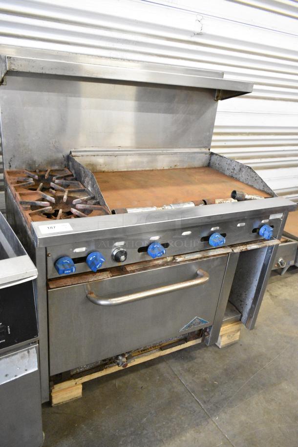 Prince Castle Stainless Steel Commercial Natural Gas Powered Flat Top Griddle w/ Left Side 2 Burner Range, Oven, Over Shelf and Back Splash. - Image 1 of 11