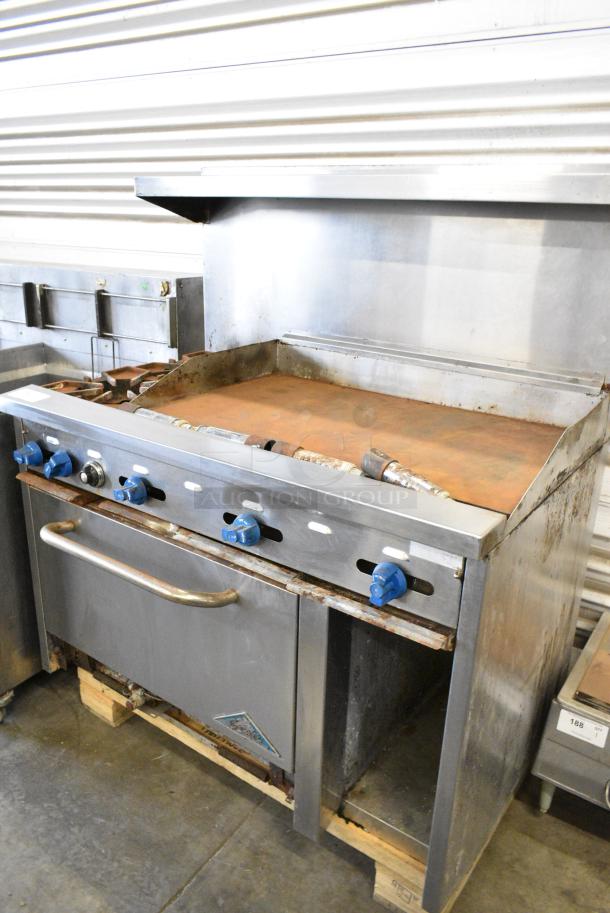 Prince Castle Stainless Steel Commercial Natural Gas Powered Flat Top Griddle w/ Left Side 2 Burner Range, Oven, Over Shelf and Back Splash. - Image 2 of 11