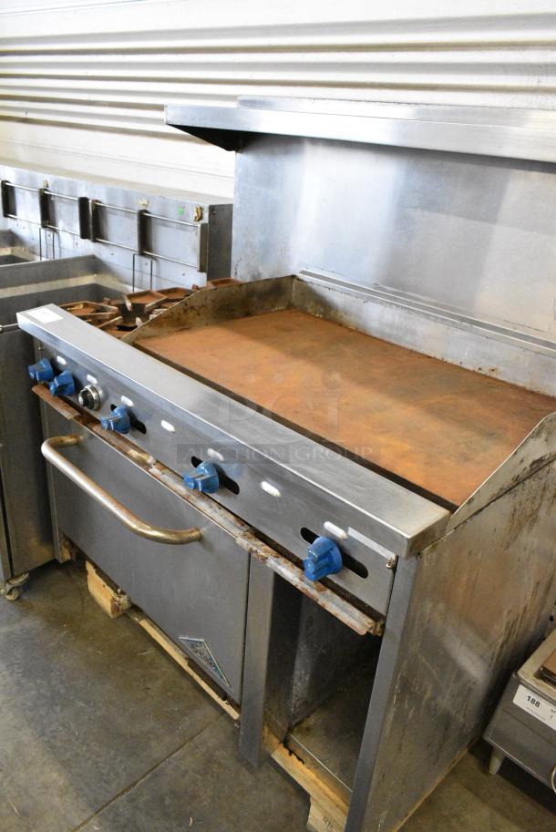 Prince Castle Stainless Steel Commercial Natural Gas Powered Flat Top Griddle w/ Left Side 2 Burner Range, Oven, Over Shelf and Back Splash. - Image 4 of 11