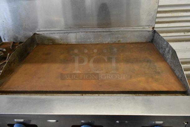 Prince Castle Stainless Steel Commercial Natural Gas Powered Flat Top Griddle w/ Left Side 2 Burner Range, Oven, Over Shelf and Back Splash. - Image 5 of 11