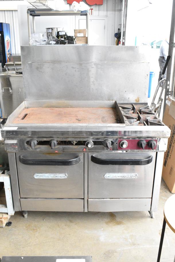 Southbend Stainless Steel Commercial Natural Gas Powered Flat Top Griddle w/ 2 Burner Range, 2 Ovens and Back Splash. - Image 1 of 7