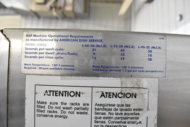 American Dish Service ADS L90-3DWC Stainless Steel Commercial Pass Through Dishwasher. 120 Volts, 1 Phase. - Image 2 of 8