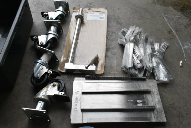 BRAND NEW SCRATCH AND DENT! Lot of 12 Items Including 4 Commercial Casters, Forks, Merco Panel, KL26-5012 Glass Filler - Image 1 of 7