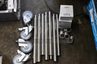 ALL ONE MONEY! Lot of BRAND NEW SCRATCH AND DENT! Items Including Commercial Casters, Legs and 4 Regency 600DB35 Basket Drain.