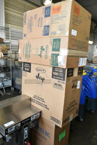 5 Boxes of Various BRAND NEW SCRATCH AND DENT! Items Including Solo Ultra Clear TR16 16 oz. Clear PET Plastic Cold Tall Cup - 1,000/Case 760TR16, Dart 12J12 12 oz. White Customizable Foam Cup - 1,000/Case, Dart 16J16 16 oz. White Customizable Foam Cup - 1,000/Case 30116J16, World Centric 32 oz. Compostable Fiber Burrito Bowl - 300/Case 521BOSCUBB, C033221 32 oz. 5 Times Your Bid!