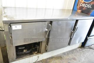 Stainless Steel Commercial 3 Door Undercounter Cooler. 115 Volts, 1 Phase. Tested and Powers On But Does Not Get Cold