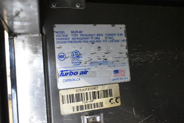 Turbo Air MUR-60 Stainless Steel Commercial 2 Door Undercounter Cooler on Commercial Casters. 115 Volts, 1 Phase. Tested and Powers On But Does Not Get Cold - Image 7 of 7