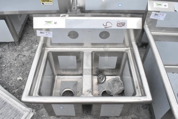 BRAND NEW SCRATCH AND DENT! Regency 600S21014 27" 16-Gauge Stainless Steel Two Compartment Commercial Sink with Galvanized Steel Legs and without Drainboard - 10" x 14" x 12" Bowls. No Legs. - Image 1 of 5