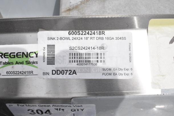 BRAND NEW SCRATCH AND DENT! Regency 600S2242418R 70 1/2" 16 Gauge Stainless Steel Two Compartment Commercial Sink with 1 Drainboard - 24" x 24" x 14" Bowls - Right Drainboard. No Legs. - Image 6 of 7