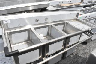 BRAND NEW SCRATCH AND DENT! Regency 600S3162018R 72 1/2" 16 Gauge Stainless Steel Three Compartment Commercial Sink with 1 Drainboard - 16" x 20" x 12" Bowls - Right Drainboard. No Legs.