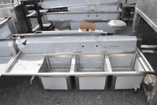 BRAND NEW SCRATCH AND DENT! Regency 600S3171718LFT 76" 16 Gauge Stainless Steel Three Compartment Sink with 1 Drainboard - 17" x 17" x 12" Bowls. No Legs.