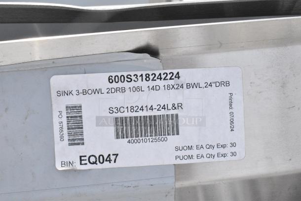 BRAND NEW SCRATCH AND DENT! Regency 600S31824224 Stainless Steel 3 Bay Sink w/ Dual Drain Boards. No Legs. - Image 6 of 7