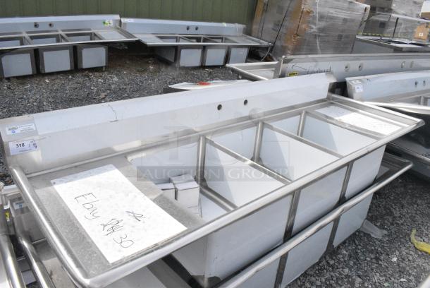 BRAND NEW SCRATCH AND DENT! Steelton 522CS31824LR 90" 18-Gauge Stainless Steel Three Compartment Commercial Sink with 2 Drainboards - 18" x 24" x 12" Bowls. No Legs. - Image 1 of 5
