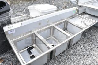 BRAND NEW SCRATCH AND DENT! Regency 600S3162018R 72 1/2" 16 Gauge Stainless Steel Three Compartment Commercial Sink with Stainless Steel Legs, Cross Bracing, and 1 Drainboard - 16" x 20" x 12" Bowls - Right Drainboard. No Legs.