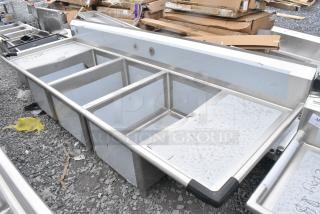 BRAND NEW SCRATCH AND DENT! Regency 600S32030220 104" 16 Gauge Stainless Steel Three Compartment Commercial Sink with  2 Drainboards - 20" x 30" x 14" Bowls. No Legs.
