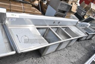 BRAND NEW SCRATCH AND DENT! Regency 600S31620224 100" 16 Gauge Stainless Steel Three Compartment Commercial Sink with 2 Drainboards - 16" x 20". No Legs.