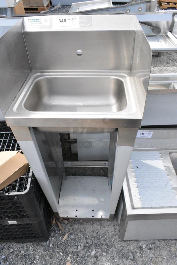 BRAND NEW SCRATCH AND DENT! Regency 600HS17FTPSP 17" x 15" Hands-Free Hand Sink with Pedestal Base and Side Splashes - Image 1 of 8