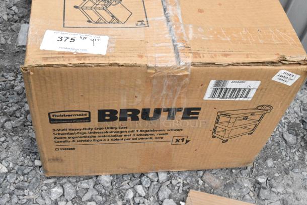 BRAND NEW SCRATCH AND DENT! Rubbermaid BRUTE Black Small Flat 3-Shelf Utility Cart with Ergonomic Handle 2203280. May Be Missing Pieces. - Image 2 of 3