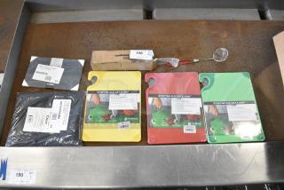 7 Various BRAND NEW Items Including CBG912GN San Jamar Saf-T-Grip® 12" x 9" x 3/8" Green Cutting Board with Hook, CBG912RD San Jamar Saf-T-Grip® 12" x 9" x 3/8" Red Cutting Board with Hook, CNG912YL San Jamar Saf-T-Grip® 12" x 9" x 3/8" Yellow Cutting Board with Hook, 160tcpr54bk Choice 54" Round Black Seamless 100% Spun Polyester Hemmed Cloth Table Cover, 654359016 Boska 9 7/8" x 6" Slate Serving Board, Skimmer, Sambonet Knives. 7 Times Your Bid!