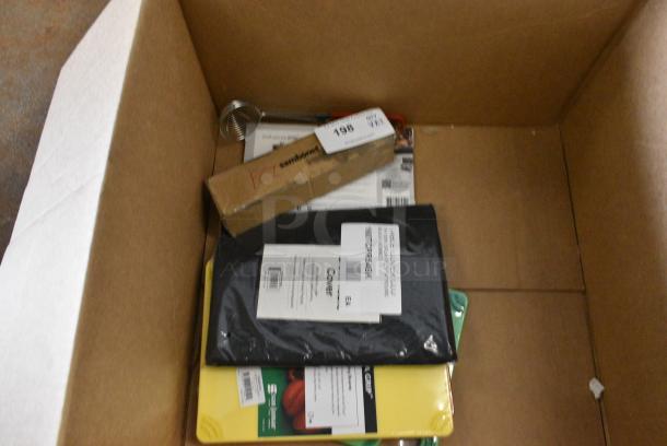 7 Various BRAND NEW Items Including CBG912GN San Jamar Saf-T-Grip® 12" x 9" x 3/8" Green Cutting Board with Hook, CBG912RD San Jamar Saf-T-Grip® 12" x 9" x 3/8" Red Cutting Board with Hook, CNG912YL San Jamar Saf-T-Grip® 12" x 9" x 3/8" Yellow Cutting Board with Hook, 160tcpr54bk Choice 54" Round Black Seamless 100% Spun Polyester Hemmed Cloth Table Cover, 654359016 Boska 9 7/8" x 6" Slate Serving Board, Skimmer, Sambonet Knives. 7 Times Your Bid! - Image 3 of 14