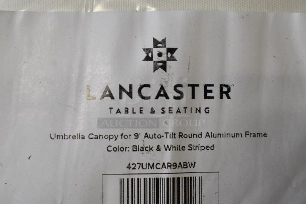 BRAND NEW SCRATCH AND DENT! Lot of 7 Items Including Royal Suite 103x120 Tablecloths and Lancaster Table & Seating 427UMCAR9ABW 9' Round Black and White Stripe Replacement Umbrella Canopy for Aluminum Crank Lift Auto Tilt Umbrellas - Image 6 of 6