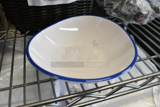 2 BRAND NEW SCRATCH AND DENT! Boxes of 12 GET B-100-W/CB Settlement Bistro 10 oz. White Enamelware Melamine Shallow Bowl with Cobalt Blue Trim. 2 Times Your Bid! - Image 2 of 4