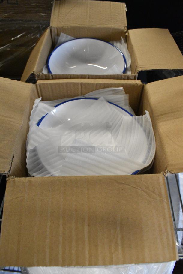 2 BRAND NEW SCRATCH AND DENT! Boxes of 12 GET B-100-W/CB Settlement Bistro 10 oz. White Enamelware Melamine Shallow Bowl with Cobalt Blue Trim. 2 Times Your Bid! - Image 3 of 4