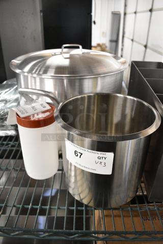 3 BRAND NEW SCRATCH AND DENT! Items Including 1761QBUB Choice 1 Qt. Backup Container with Brown Cap, Metal Stock Pot w Lid and Stainless Steel Cylindrical Bin. 3 Times Your Bid!