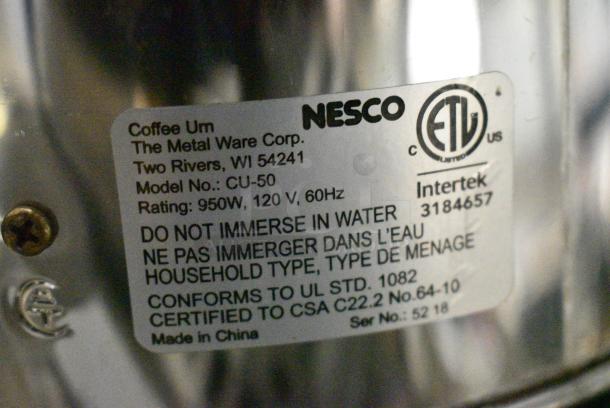 Nesco CU-50 Stainless Steel Coffee Urn. 120 Volts, 1 Phase. - Image 6 of 7