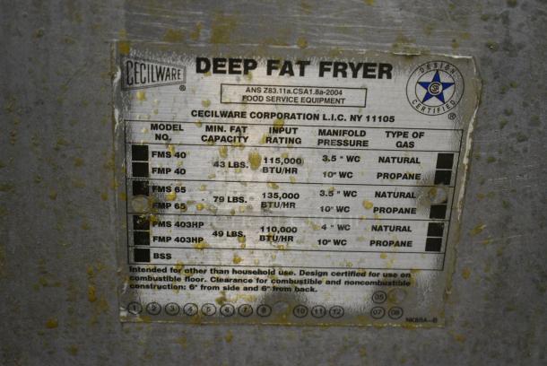 Cecilware FMP65 Stainless Steel Commercial Floor Style Natural Gas Powered Deep Fat Fryer w/ Metal Fry Baskets. 135,000 BTU. - Image 5 of 5