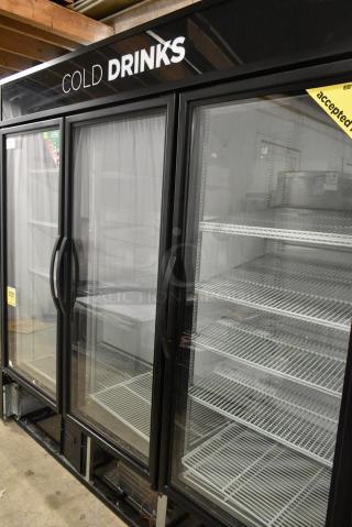 2016 True GDM-72-HC Metal Commercial 3 Door Reach In Cooler Merchandiser w/ Poly Coated Racks. 115 Volts, 1 Phase. Tested and Working!