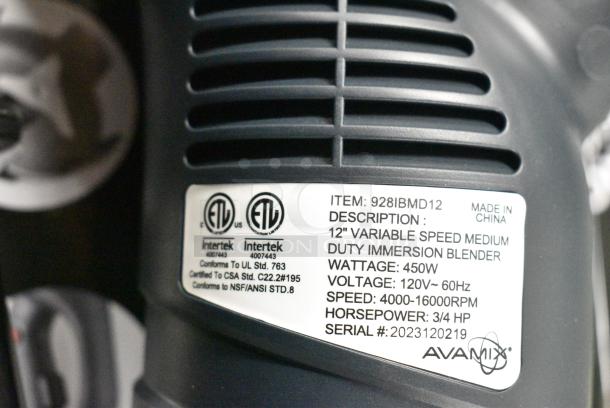 5 BRAND NEW SCRATCH AND DENT! AvaMix 928IBMD12 12" Medium-Duty Variable Speed Immersion Blender - 3/4 hp. 120 Volts, 1 Phase. 5 Times Your Bid! - Image 9 of 9