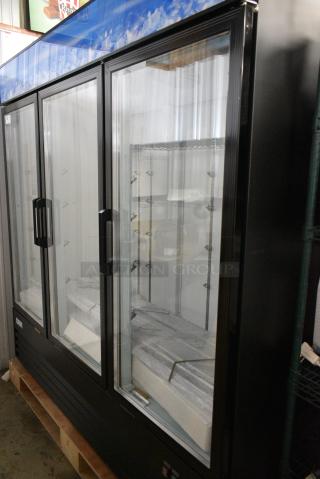 BRAND NEW SCRATCH AND DENT! 2024 Avantco 178GDC69HCB 78 1/4" Black Customizable Swing Glass Door Merchandiser Refrigerator with LED Lighting. 115 Volts, 1 Phase. Tested and Working!