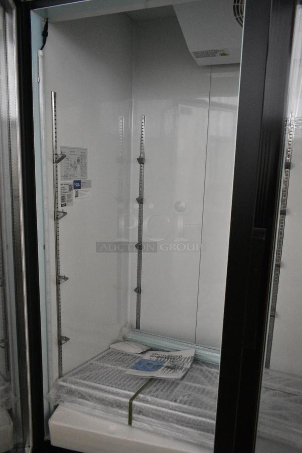 BRAND NEW SCRATCH AND DENT! 2024 Avantco 178GDC69HCB 78 1/4" Black Customizable Swing Glass Door Merchandiser Refrigerator with LED Lighting. 115 Volts, 1 Phase. Tested and Working! - Image 4 of 8