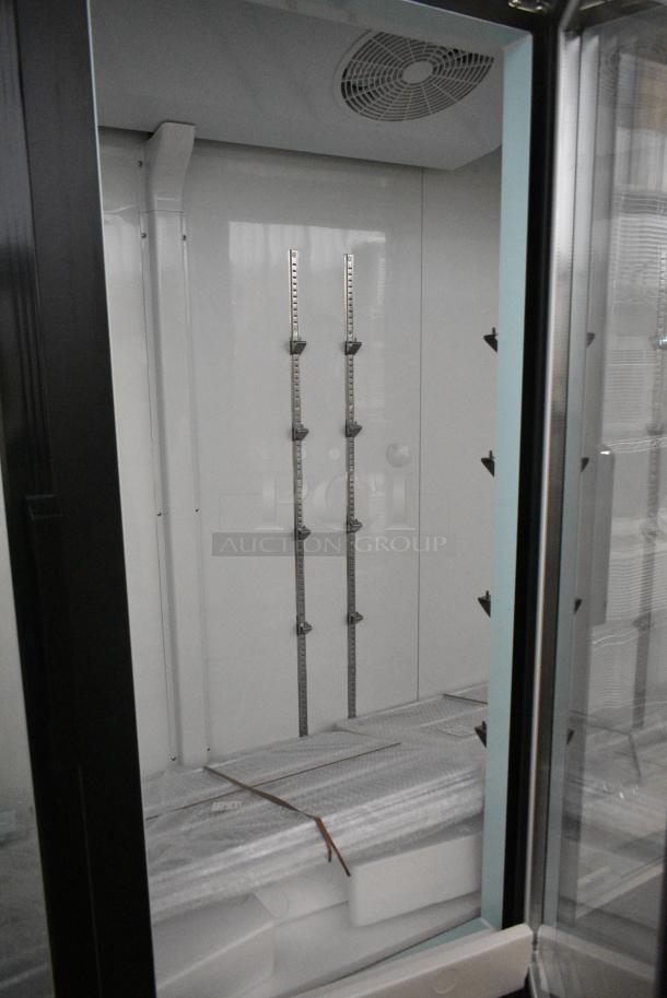 BRAND NEW SCRATCH AND DENT! 2024 Avantco 178GDC69HCB 78 1/4" Black Customizable Swing Glass Door Merchandiser Refrigerator with LED Lighting. 115 Volts, 1 Phase. Tested and Working! - Image 5 of 8