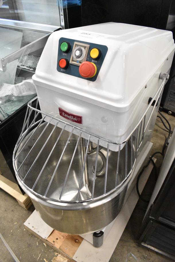 BRAND NEW SCRATCH AND DENT! Estella 348SM30 Metal Commercial 30 Qt. / 42 lb. Two-Speed Spiral Dough Mixer w/ Stainless Steel Mixing Bowl, Bowl Guard and Dough Hook Attachment. 120 Volts, 1 Phase. Tested and Powers On But Parts Do Not Move - Image 1 of 10