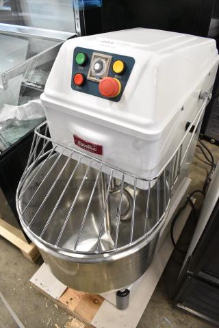 BRAND NEW SCRATCH AND DENT! Estella 348SM30 Metal Commercial 30 Qt. / 42 lb. Two-Speed Spiral Dough Mixer w/ Stainless Steel Mixing Bowl, Bowl Guard and Dough Hook Attachment. 120 Volts, 1 Phase. Tested and Powers On But Parts Do Not Move