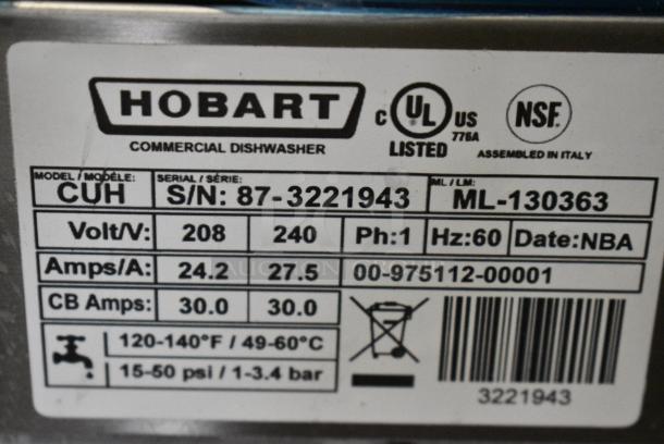 BRAND NEW SCRATCH AND DENT! 2024 Hobart CUH Stainless Steel Commercial Hi Temp High Temperature Undercounter Dishwashing Machine. 208/240 Volts, 1 Phase. - Image 8 of 8