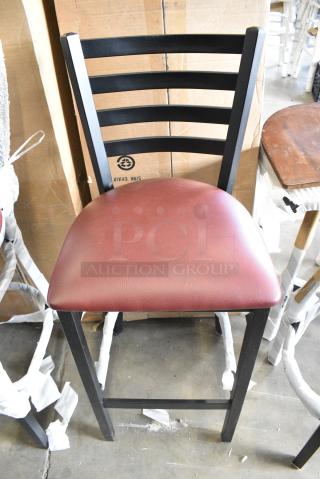 4 BRAND NEW SCRATCH AND DENT! Lancaster Table & Seating 164BMLBVBGKD Black Metal Bar Height Ladder Back Chair w/ Maroon Seat Cushion. 4 Times Your Bid!