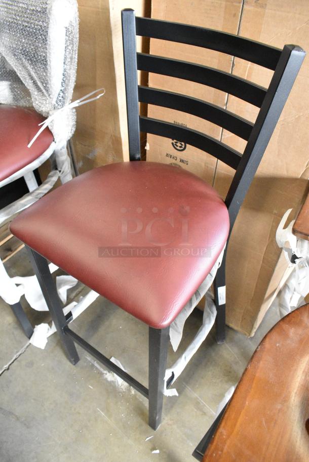 4 BRAND NEW SCRATCH AND DENT! Lancaster Table & Seating 164BMLBVBGKD Black Metal Bar Height Ladder Back Chair w/ Maroon Seat Cushion. 4 Times Your Bid! - Image 3 of 8