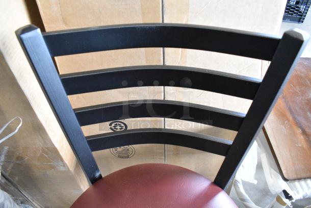 4 BRAND NEW SCRATCH AND DENT! Lancaster Table & Seating 164BMLBVBGKD Black Metal Bar Height Ladder Back Chair w/ Maroon Seat Cushion. 4 Times Your Bid! - Image 4 of 8