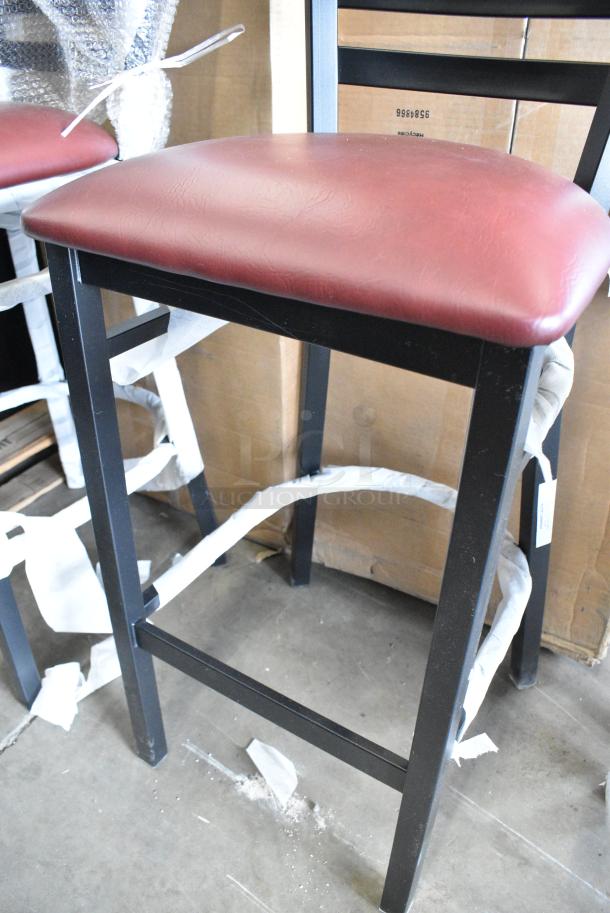 4 BRAND NEW SCRATCH AND DENT! Lancaster Table & Seating 164BMLBVBGKD Black Metal Bar Height Ladder Back Chair w/ Maroon Seat Cushion. 4 Times Your Bid! - Image 6 of 8