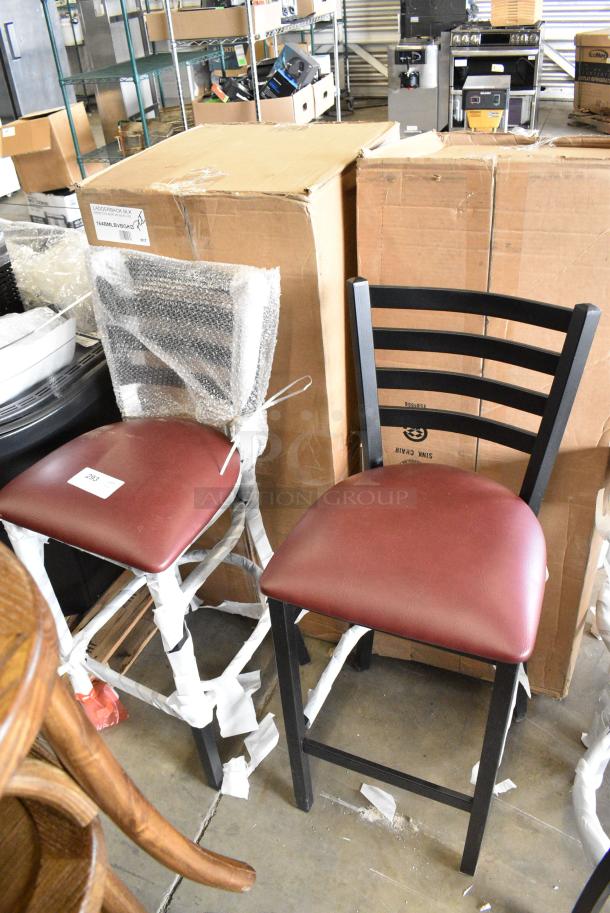 4 BRAND NEW SCRATCH AND DENT! Lancaster Table & Seating 164BMLBVBGKD Black Metal Bar Height Ladder Back Chair w/ Maroon Seat Cushion. 4 Times Your Bid! - Image 7 of 8