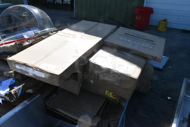 8 BRAND NEW SCRATCH AND DENT! Items Including 922EC15LD Acopa 8 Qt. Supreme Full Size Roll Top Gold Trim Chafer Cover, 427SM2424LE Lancaster Table & Seating Excalibur 24" x 24" Square Table Top with Smooth Letizia Finish, 600CDT72R DISHTBL CLEAN 6' RIGHT SS 16G 304SS 10"BKSP/2"RETRN, 600WS1848HD Regency 16 Gauge Stainless Steel 18" x 48" Heavy Duty Wall Shelf, 384YCZ24RND Lancaster Table & Seating 24" Round Granite White Heavy-Duty Blow Molded Standard Height Plastic Folding Table. 8 Times Your Bid! May Be Missing Pieces. - Image 1 of 10