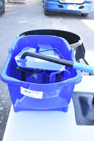 BRAND NEW SCRATCH AND DENT! Lavex Blue Poly Mop Bucket w/ Wringing Attachment and Commercial Casters.