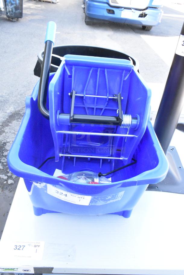 BRAND NEW SCRATCH AND DENT! Lavex Blue Poly Mop Bucket w/ Wringing Attachment and Commercial Casters. - Image 4 of 7