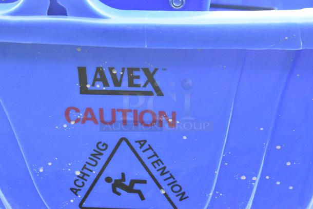 BRAND NEW SCRATCH AND DENT! Lavex Blue Poly Mop Bucket w/ Wringing Attachment and Commercial Casters. - Image 6 of 7