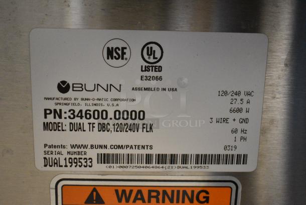 2019 Bunn DUAL TF DBC Stainless Steel Commercial Countertop Double Coffee Machine w/ Hot Water Dispenser. 120/240 Volts, 1 Phase. - Image 7 of 8