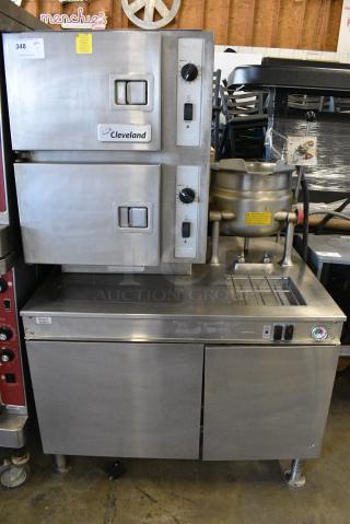 Cleveland 42CKEM24 Stainless Steel Commercial Electric Powered 2 Deck Convection Steamer w/ Cleveland KDT-6-T 6 Gallon Tilting Kettle. 208/220 Volts, 3 Phase.
