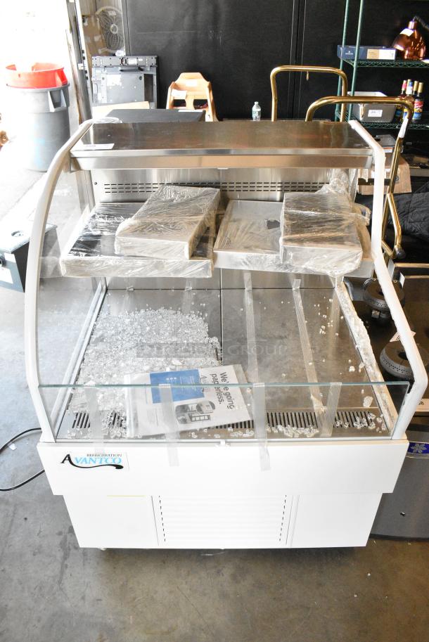 BRAND NEW SCRATCH AND DENT! Avantco 224WHAC36 36" White Horizontal Air Curtain Merchandiser on Commercial Casters. See Pictures for Broken Glass. 115 Volts, 1 Phase. Tested and Powers On But Does Not Get Cold - Image 1 of 9